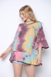 Tie-Dye Fluted Sleeve Tunic w/ Ruffle Trim